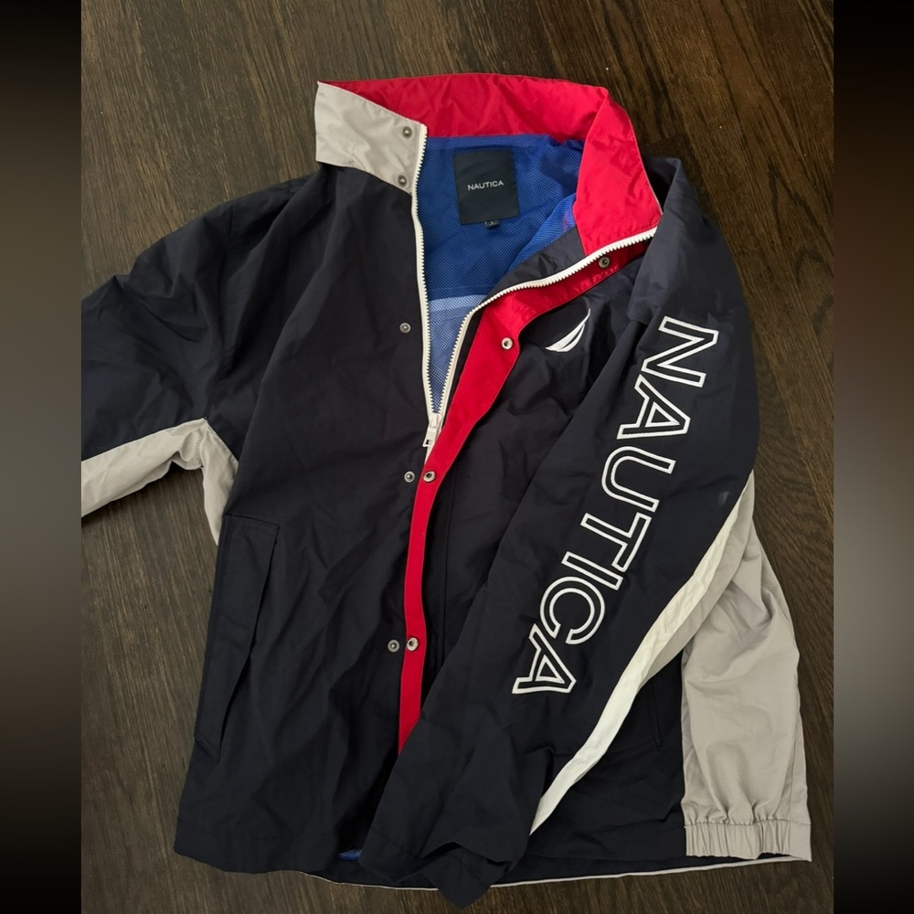 Nautica brand navy grey and red windbreaker sailing jacket size large button up